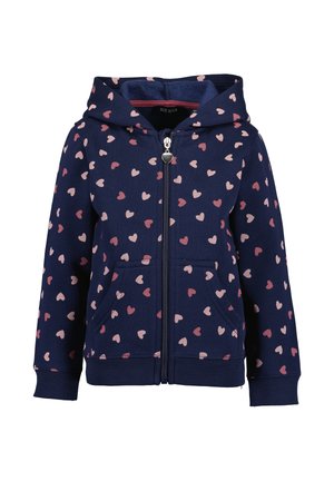Marineblauwe kindervest met capuchon en ritssluiting, met roze en lichtroze hartjespatroon en voorzakken.