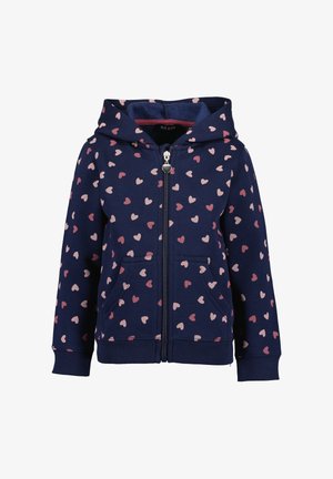 Veste à capuche zippée bleu marine pour enfants avec motif de cœurs rose et rose clair et poches avant.