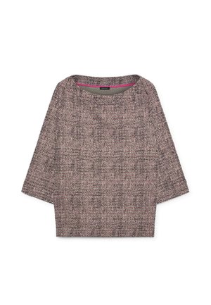 Trui met lange mouwen, textuurrijke breiwerk, ronde halslijn in een gedempte mix van roze en grijs.