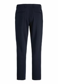 Pantaloni da uomo blu navy con passanti per cintura, due tasche posteriori a filetto e gamba dritta, mostrati da dietro su uno sfondo bianco.