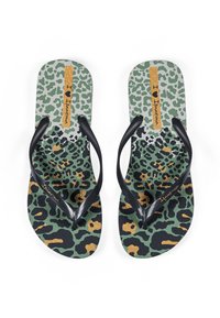 Green and black leopard print flip-flops with black straps and a gold accent reading "I ❤️ Ipanema." Textured surface for grip.