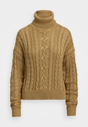 Beżowy sweter z dzianiny w warkocz z golfem, z teksturowanymi wzorami, długimi rękawami oraz ściągaczami u mankietów i u dołu.