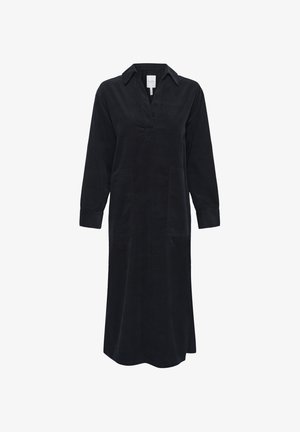 Crna korduroy haljina s dugim rukavima, ovratnikom, dva prednja džepa i opuštenim krojem, s dugim do koljena.