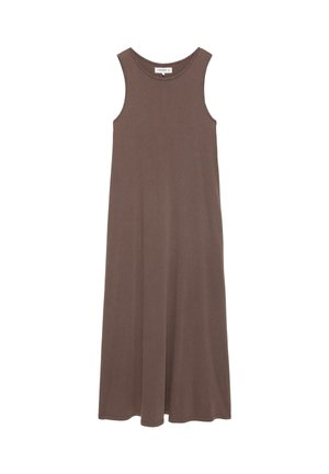 Sleeveless, brown maxi dress with round neckline, made of soft fabric, displayed flat on white background.