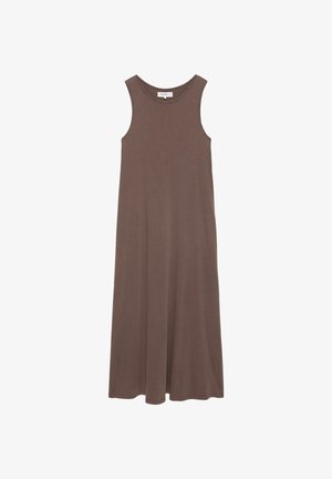 Sleeveless, brown maxi dress with round neckline, made of soft fabric, displayed flat on white background.