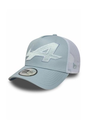 Hellblaues und weißes, verstellbares Baseballcap aus Mesh mit großem weißem "A"-Logo vorne und New Era Markenaufkleber am Schirm.