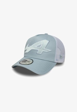 Hellblaues und weißes, verstellbares Baseballcap aus Mesh mit großem weißem "A"-Logo vorne und New Era Markenaufkleber am Schirm.