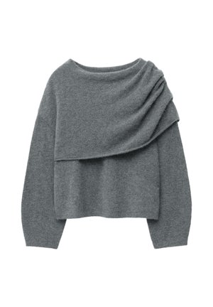 Grauer, kurzer Pullover aus weichem Stoff, mit drapiertem Vorderdesign und langen Ärmeln in lockerer Passform. Leichter Stoff.