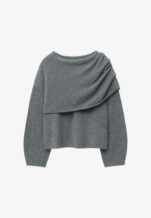 Gray cropped sweater made of soft fabric, featuring draped front design and long sleeves with a relaxed fit. Lightweight texture.