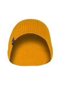 Yellow ribbed knit beanie with a soft texture. Circular shape with a turned-up cuff. Features a small fabric tag on the side.