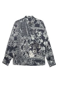 Camicia button-up a maniche lunghe di colore blu navy con motivi floreali e paisley bianchi; tessuto morbido, colletto classico e orlo curvo con polsini a bottone.