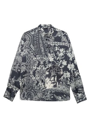 Langärmliges Hemd mit Knöpfen in Marineblau, verziert mit weißen Blumen- und Paisleymustern; weicher Stoff, klassischer Kragen und abgerundeter Saum mit Knopfmanschetten.