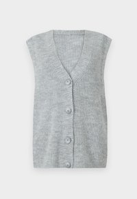 Grijze gebreide mouwloze cardigan met een v-hals, vijf knoopsluiting aan de voorkant en geribbelde textuur. De stof lijkt zacht en lichtgewicht.