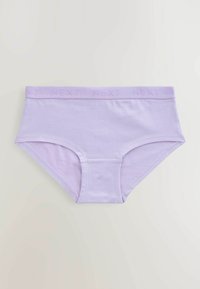 Mutande in cotone di colore lilla con cintura elasticizzata, caratterizzate dal logo in rilievo "NEXT", presentate distese su uno sfondo bianco.