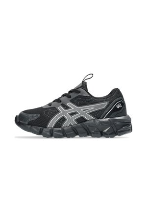 Black athletic sneaker with white side stripes, thick segmented sole, mesh upper, pull tab on heel, and "GEL" branding on the back.