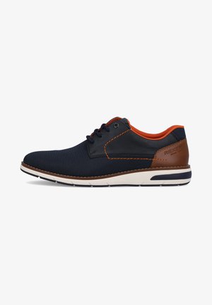 Navy mesh shoes with orange accents, brown leather heel detailing, white midsole, and contrasting dark sole. Features traditional lacing.