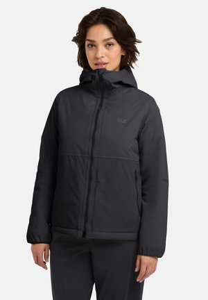 Black, hooded jacket with zip closure and two side pockets, featuring a smooth, matte finish and the brand logo on the chest.