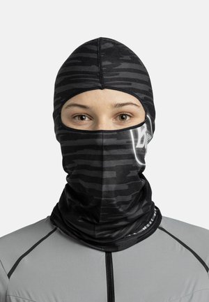 Black patterned balaclava made of lightweight, stretchable material, covering head and neck, with a curved design and logo detail.