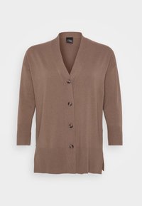 Brown cardigan with a V-neck, six buttons, three-quarter sleeves, ribbed hem, and side slits; made of soft, textured material.