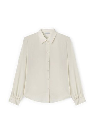 Cremefarvet bluse med lange ærmer, spids krave, knaplukning foran og knapper ved manchetterne, vist fladt på en hvid baggrund.