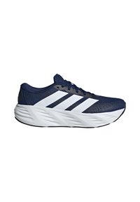 Navy blue running shoe with white midsole and three white stripes on the side, featuring lace-up closure and textured sole.