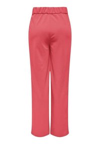 Pantalons à taille élastique rose clair avec une coupe droite et une texture lisse. Présente une couleur unie simple sans motifs ni accents visibles.
