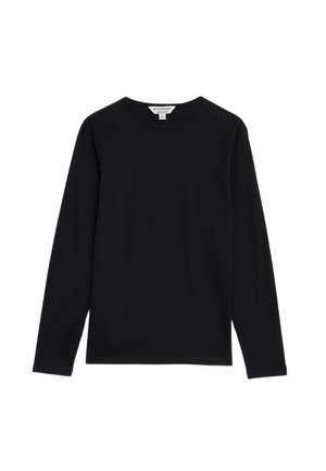 T-shirt noir à manches longues en coton doux. Il présente un col rond et un design simple sans motifs ni accents visibles.