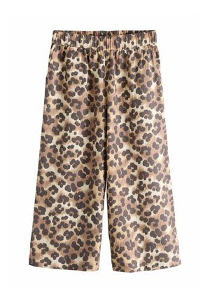 Pantalon large imprimé léopard avec une ceinture élastique en tons marron, beige et noir.