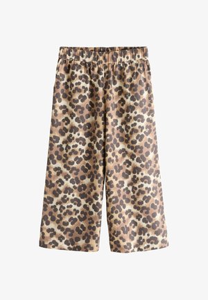 Pantaloni largi cu imprimeu leopard și talie elastică, în nuanțe de maro, bej și negru.