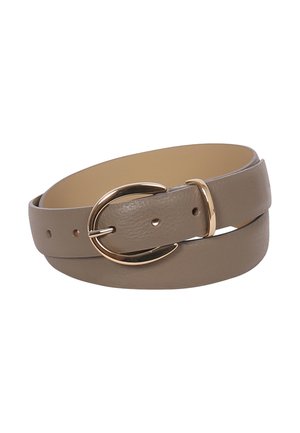 Hellbrauner Leder-Gürtel mit glatter Oberfläche, goldfarbener, runder Schnalle und mehreren Lochungen zur Größenanpassung.