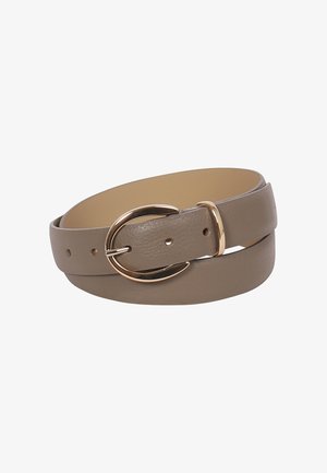 Light brown leather belt with a smooth finish, gold-tone rounded buckle, and multiple punch holes for size adjustment.