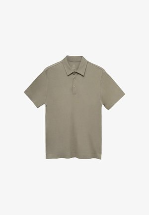 Kortärmad polo tröja i dämpad beige, med klassisk krage, treknapprad och slät, texturerad tyg.