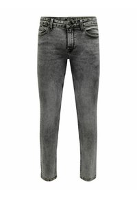 Vaqueros de mezclilla gris con un ajuste entallado, que cuentan con cinco bolsillos, una cremallera y sutiles detalles de desgaste para textura. Lavables a máquina.