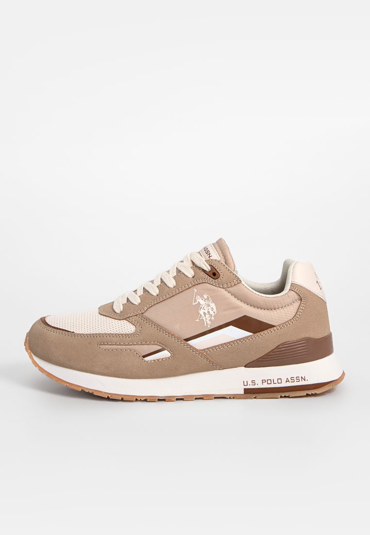 Bruine en beige sportschoen met meshpanelen, een gestructureerde suède afwerking, logo-detail en rubberen zool. Heeft een vetersluiting en een gevoerde kraag.