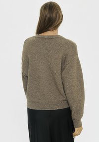 Hnědý, oversized svetr vyrobený z měkké, texturované tkaniny s žebrovaným lemem a rozptýlenými kovovými akcenty. Zobrazeno ze zadní strany.