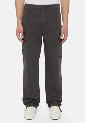 Cargo pants in dark gray, featuring a relaxed fit, patch pockets on sides, and stitched detailing. Made of durable cotton blend fabric.