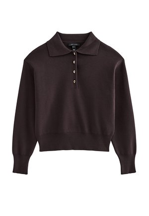 Gebreide bruine trui met een klassieke kraag, drie knopen en lange mouwen. Zachte textuur en geribbelde boorden aan de zoom en mouwen.