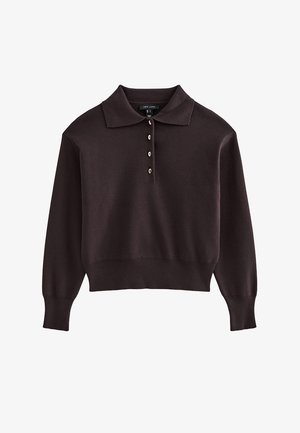Gebreide bruine trui met een klassieke kraag, drie knopen en lange mouwen. Zachte textuur en geribbelde boorden aan de zoom en mouwen.