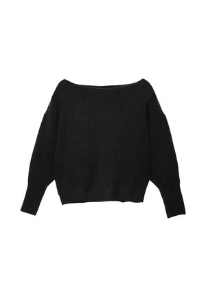 Maglione nero, scollato sulle spalle, con maniche lunghe, realizzato in morbido tessuto testurizzato. Presenta una vestibilità rilassata e orlo a coste.