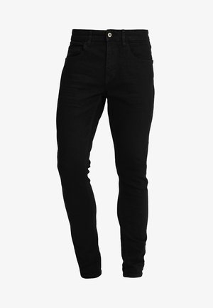 Black denim jeans with a slim fit, featuring five pockets, a button closure, and stitching details along the seams. Smooth texture.