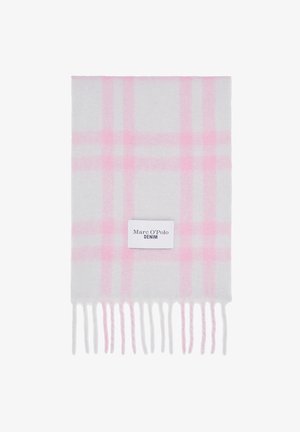 Écharpe en laine gris clair à motif à carreaux roses, avec des bords à franges. Étiquette sur un côté portant l'inscription "Marc O'Polo DENIM."