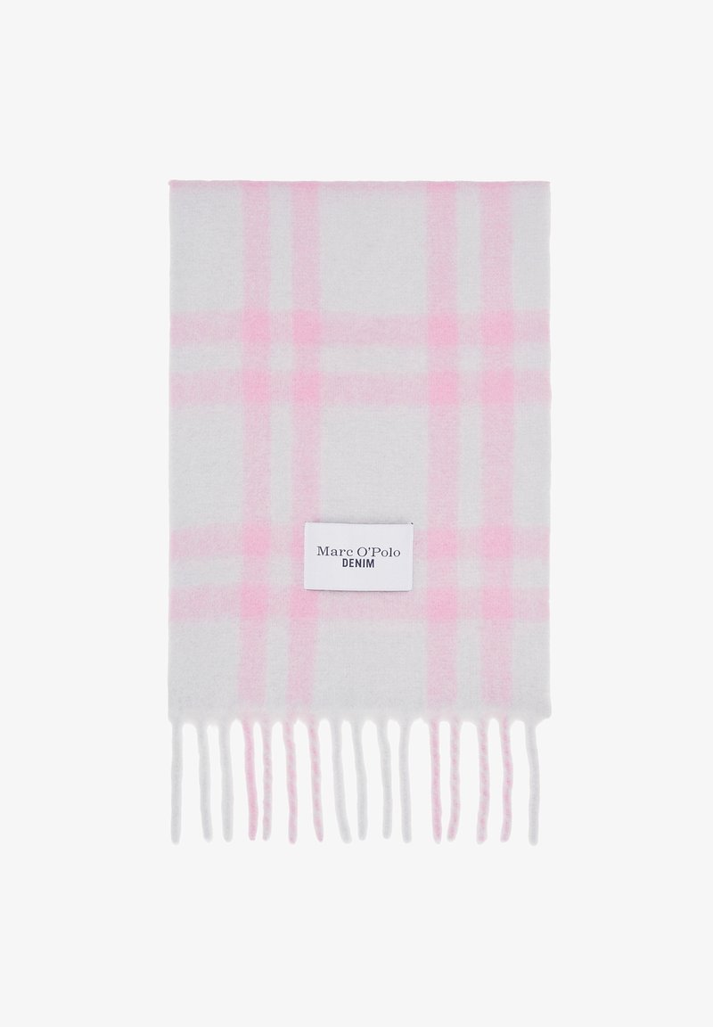 Écharpe en laine gris clair à motif à carreaux roses, avec des bords à franges. Étiquette sur un côté portant l'inscription "Marc O'Polo DENIM."