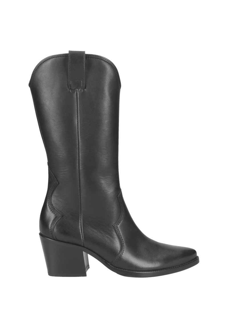 Botas de vaquero de cuero negro con puntera puntiaguda, detalles de costura, parte trasera elevada y un tacón apilado. Textura suave con un diseño elegante.