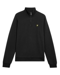 Zwarte pullover sweatshirt met een halve ritssluiting kraag, ribgebreide boorden en zoom, en een klein geel logo op de linkerborst. Katoenen mix stof.
