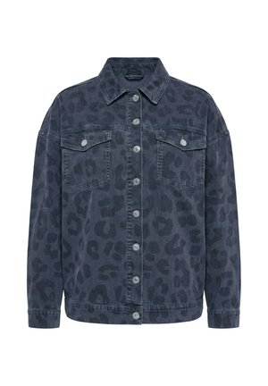 Mørkegrå denimjakke med knapper, subtil leopardprint, lange ærmer, krave og to brystlommer med klapper og knapper.