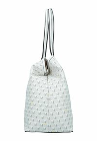 Borsa tote bianca con un motivo geometrico in grigio e accenti gialli, caratterizzata da una texture morbida, rifiniture nere e lunghe spalline.