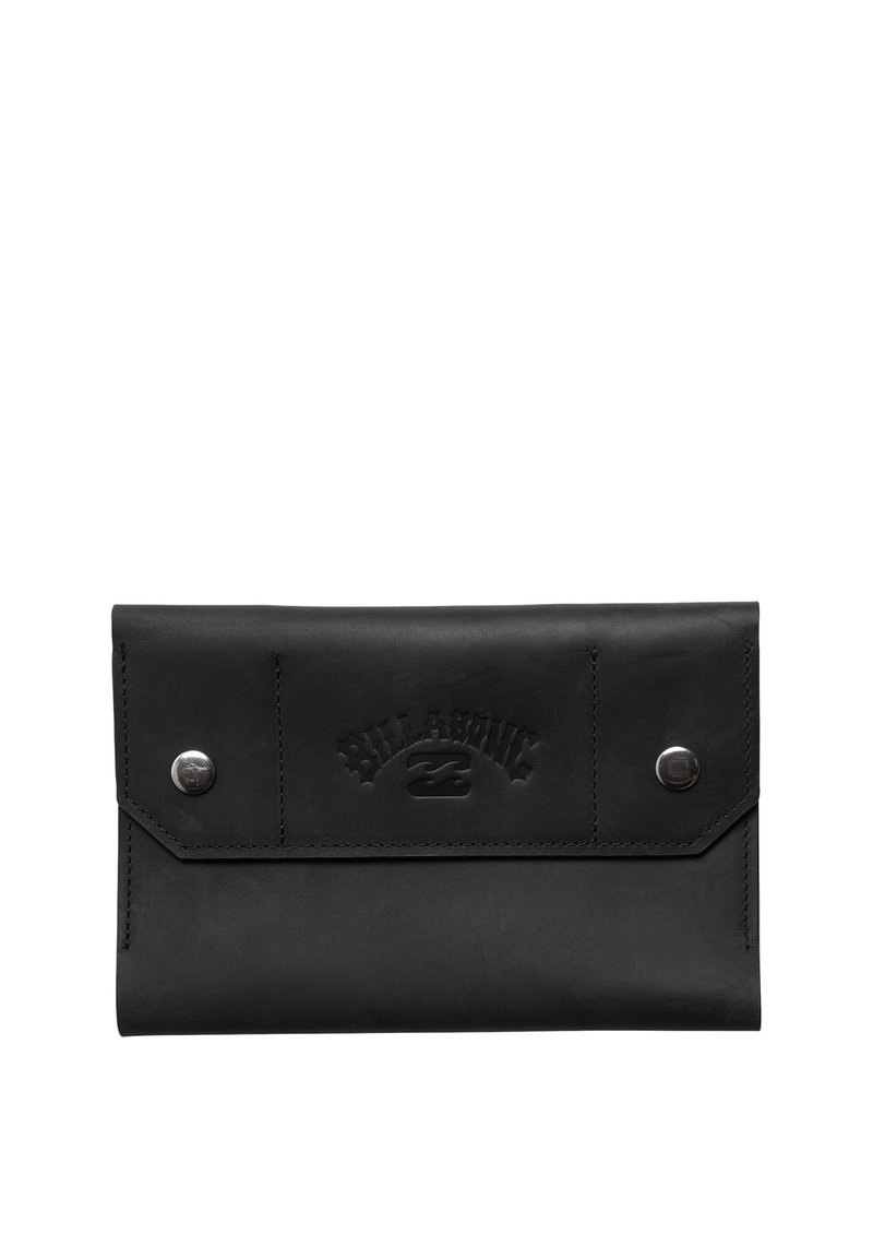 Black leather wallet with a folded design, featuring embossed branding, metal snap closures, and smooth texture. No additional patterns or accents.