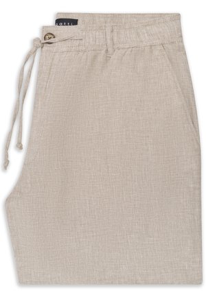 Beige Leinenhose mit elastischem Bund, Seitentaschen, einem Knopfdetail und einem Kordelzug auf der linken Seite.