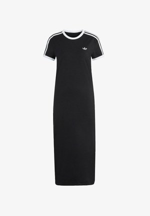 Abito lungo in cotone nero con maniche corte, dettagli bianchi sul colletto e sulle maniche, con tre strisce bianche laterali e un piccolo logo.