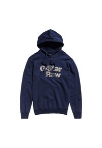 Navy blue hoodie made of cotton, featuring a front pocket, drawstring hood, and G-Star Raw logo in distressed white print.